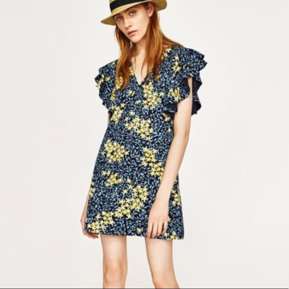 Zara Blue and Yellow Floral Ruffle Sleeve Dress